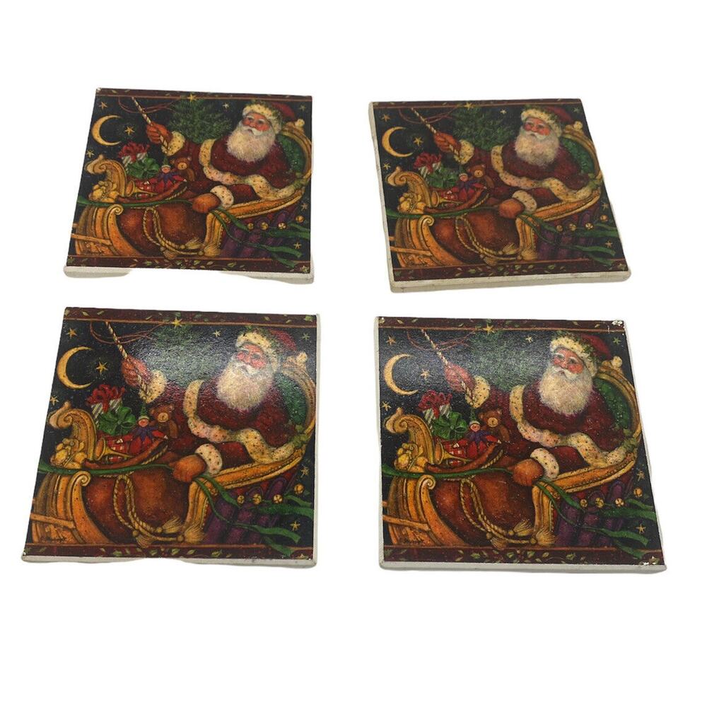 Lot Of 4 Christmas Santa Claus Ceramic Drink Cocktail Coasters Cork Bottom